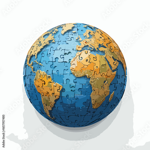 Vector illustration of a spherical puzzle globe representing global strategy, connection, and solutions
