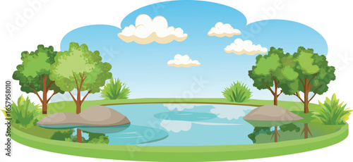 Cartoon landscape featuring a serene pond surrounded by lush green trees under a clear blue sky.