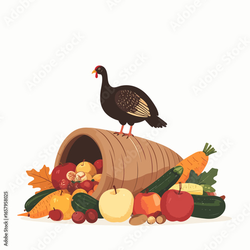 Dark-feathered Guineafowl perched atop a cornucopia overflowing with autumnal fruits and vegetables.