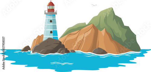 Vector illustration of a lighthouse standing on rocky cliffs against a clear sky.