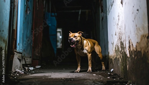 A menacing pit bull dog stands guard in a dark, dilapidated alleyway, its mouth open in a threatening snarl.