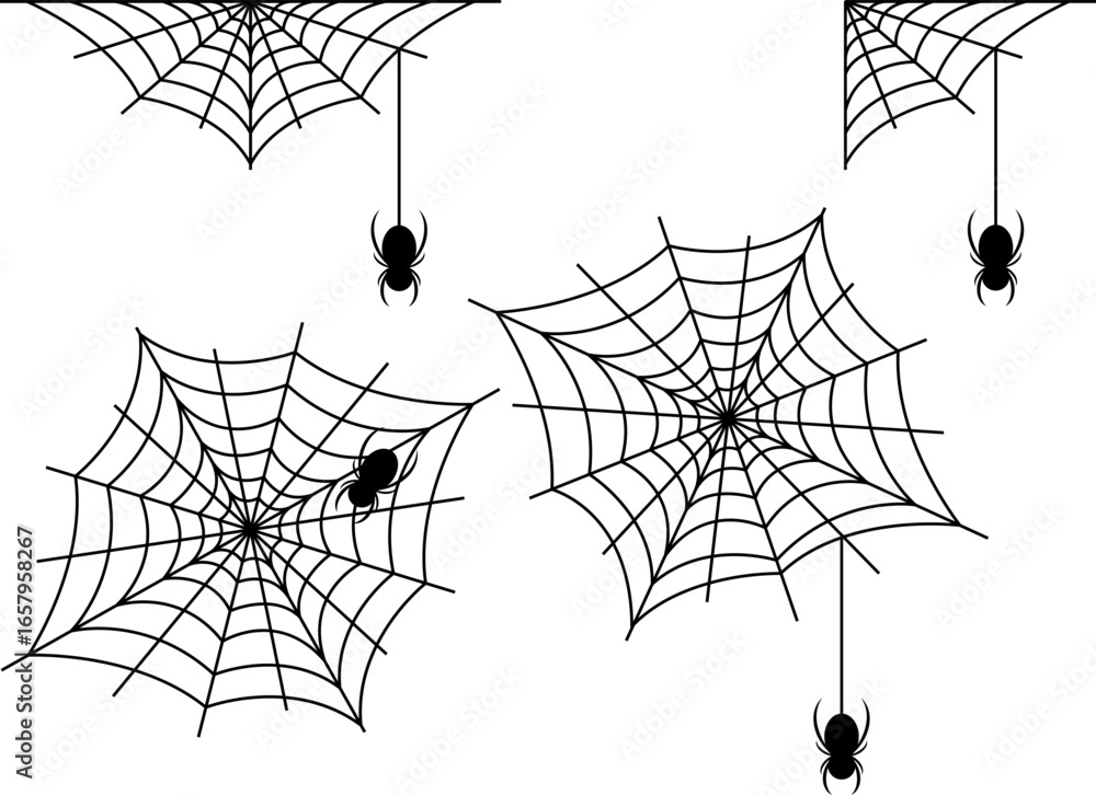 Spiders and spider webs image set. Black color vector illustration with transparent background.