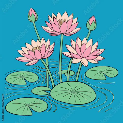 Pink lotus flowers with lily pads sit peacefully atop blue water surface