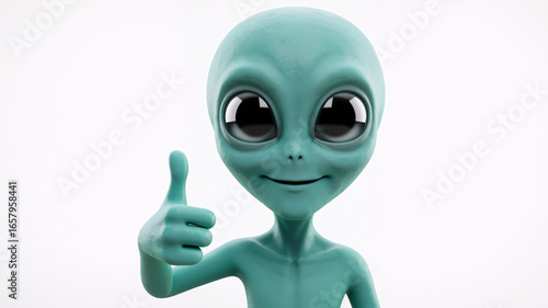 Cute 3D alien giving a thumbs up. Friendly character showing approval gesture, isolated on white background.