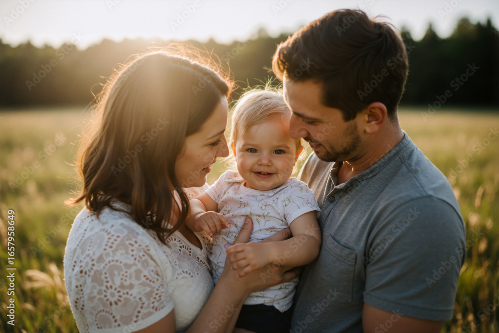 Young family with a baby girl in a field at sunset. Happy parents holding their smiling child outdoors. Young family with a baby girl in a field at sunset. Happy parents holding their smiling child outdoors.