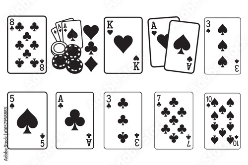 Playing card with assorted suits and ranks along with casino chips in black outline