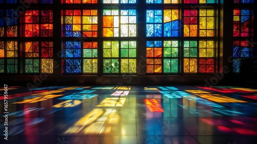 Sunlight passes through the stained glass window in the church camera follows the subject moving