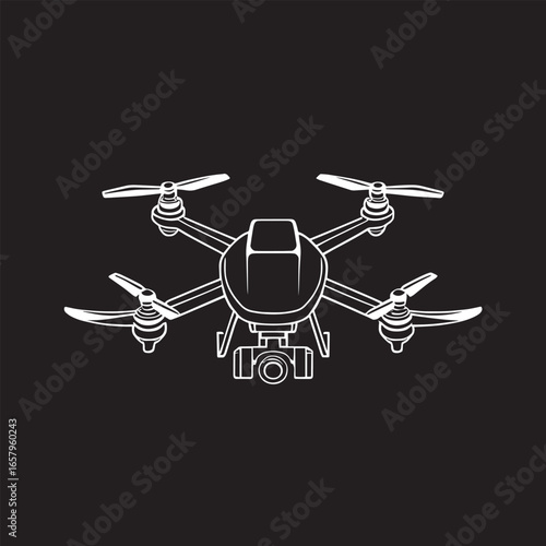 Minimalist White Monoline Drone Icon on Black Background