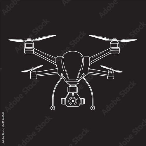 Minimalist Monoline Drone Icon in Solid Black Background