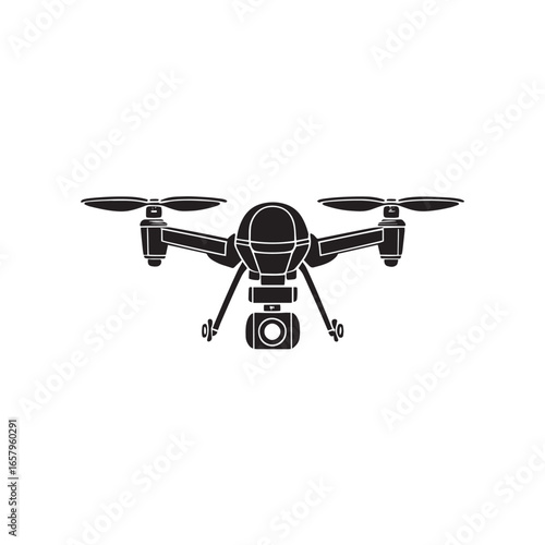 Minimalist Solid Black Drone Icon with Camera on white Background