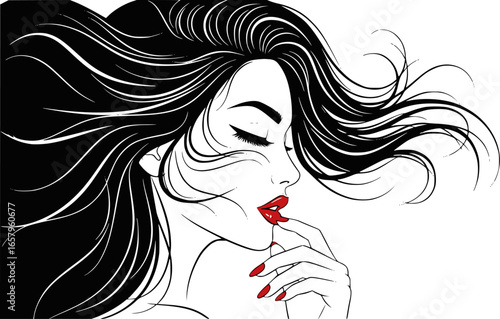 Beautiful sexy face, red lips, hand with red manicure nails, fashion woman, element design, nails studio, curly hairstyle, hair salon sign, icon. Beauty Logo. EPS version.