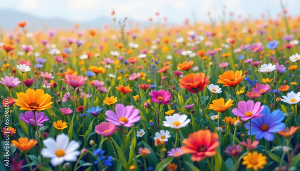 Obraz premium create a colorful and abstract illustration of a flower meadow in a prismatic style, the focal point of the image should be the subject at the top