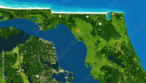 High-resolution aerial view of a coastal region, showcasing a network of waterways, forests, and residential areas.