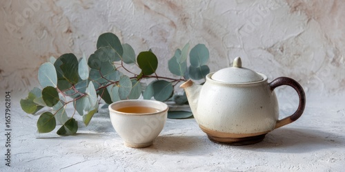 Autumn self care with herbal tea concept. Ceramic teapot and cup with eucalyptus leaves on textured surface.