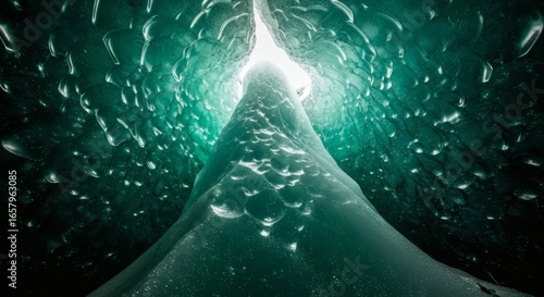 Inside a glacial ice cave with a column of ice reaching upwards toward a crevice of light
