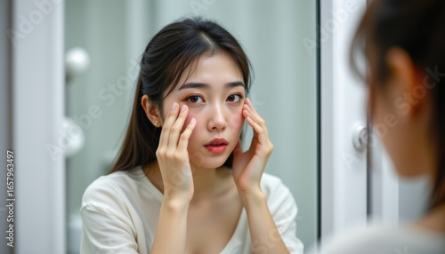 create an image of a bored asian young woman with insomnia, who has black circles or panda puffy under her eyes
