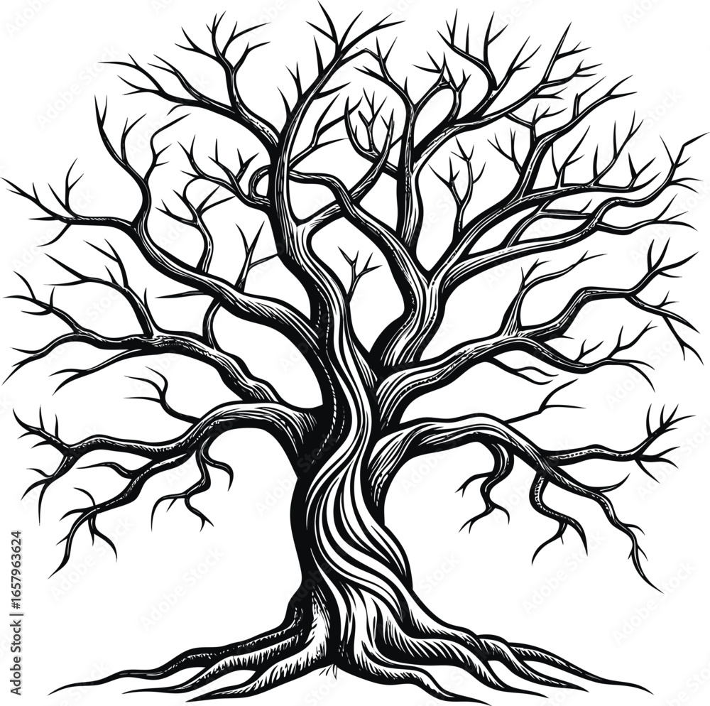 Obraz premium Autumn Halloween Elements Bare Tree Branch Ink Drawing