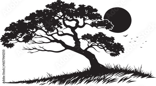 A silhouette of a tree dominates a landscape with a visible sun or moon.
