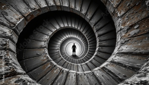create a 3d rendering of an endless old spiral staircase leading up to a brightly lit subject at the top, the image should be in sketch style and under high noon