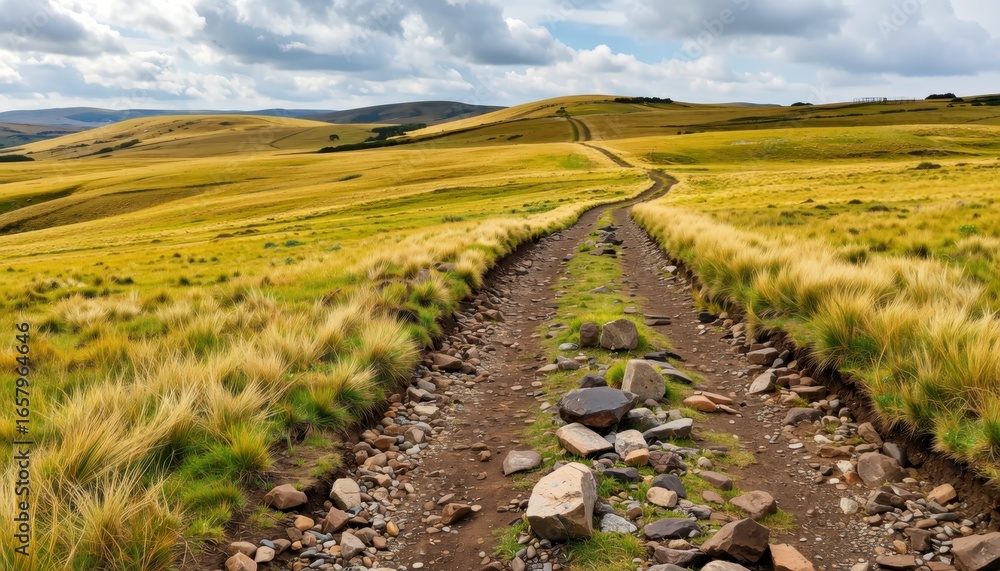 Obraz premium Scenic pathway through rolling hills countryside photography natural landscape wide-angle view serenity