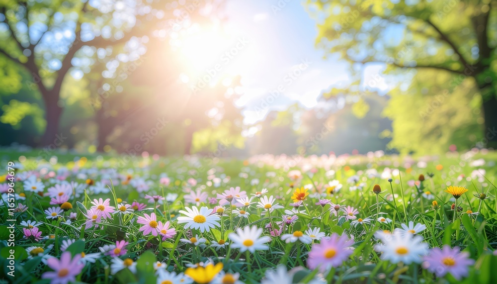 Fototapeta premium Spring meadow with blooming daisies: A vivid depiction of a sun-drenched spring meadow abounding with blooming daisies, the warmth of the day radiating throughout the lush greenery and open space. 