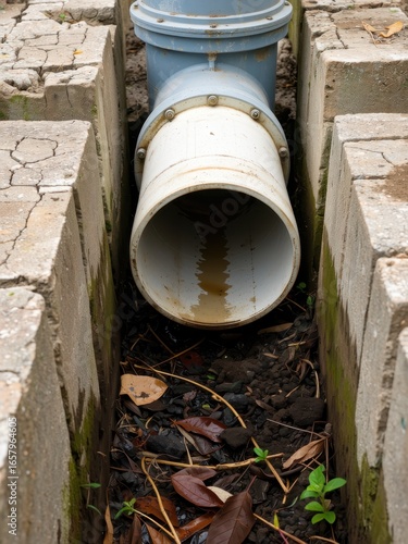 Drainage pipe installation process urban area infrastructure photography construction site close-up environmental impact