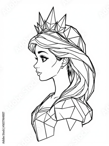 Minimilist geometric line art of a woman with a crown and flowing hair in side profile view design element vector