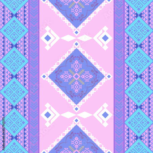 Vibrant seamless geometric pattern with ethnic design elements Features purple pink and blue hues in a detailed digital