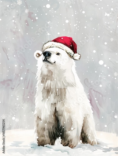 A clipart of an adorable white bear standing in the snow wearing a red hat with snowflakes