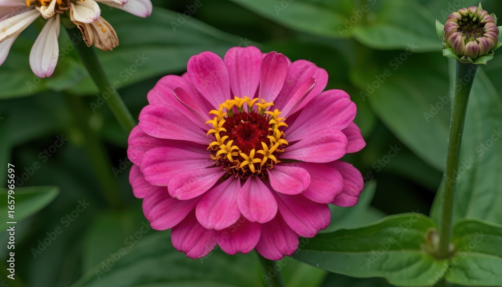 Obraz premium Vibrant pink zinnia flower blooming in nature's garden close-up photography green leafy background