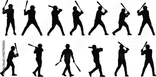 Baseball swing silhouette icon set with 12 black figures showing sequential batting stances and motions