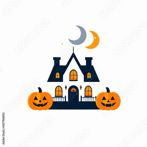 Halloween House with Pumpkins and Crescent Moons Illustration