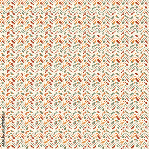 pattern featuring tiny floral motifs with leaves, scattered placement , zigzag stripe elements , cream background with earthy