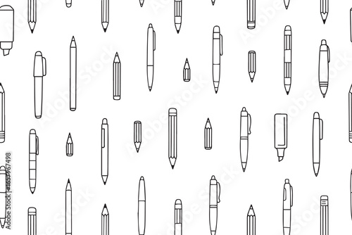  Seamless pattern of pens and pencils in different styles. Hand drawn writing instruments, ballpoint pens, fountain pens, mechanical pencils and markers. Vector illustration in doodle style. Vector