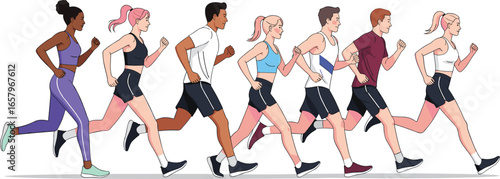 Cartoon runners in athletic wear jogging together, diverse group running race, healthy lifestyle vector illustration