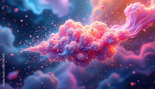 create a captivating and futuristic image of a dynamic and vibrant 3d rendering of an abstract cloud of particles in space, glowing with fluid