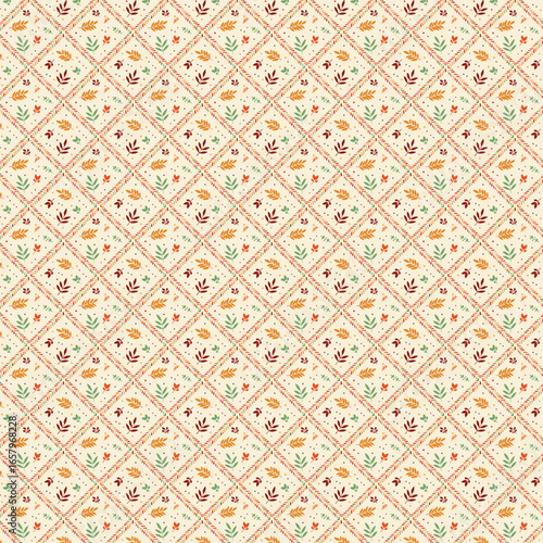 pattern featuring tiny floral motifs with leaves, scattered placement , zigzag stripe elements , cream background with earthy