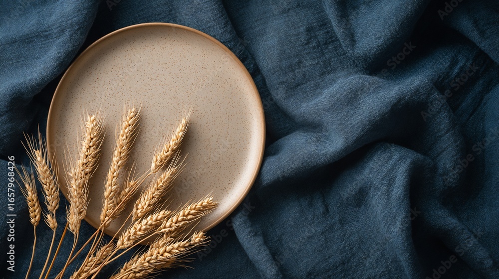 custom made wallpaper toronto digitalBeige plate with wheat stalks on blue cloth; top-down view