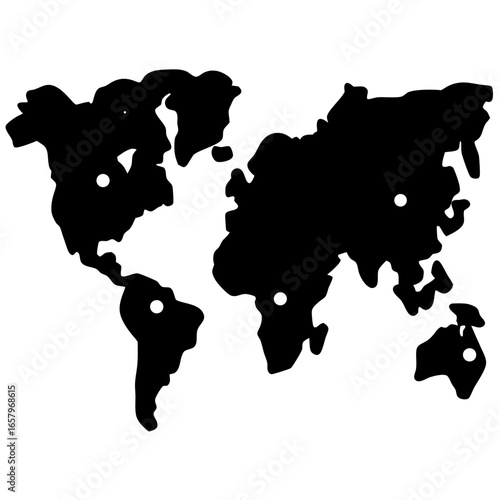 A black and white silhouette of the world with five highlighted locations