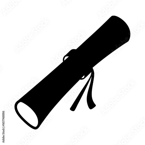 A Black Silhouette of a Diplom with a Ribbon on a White Background