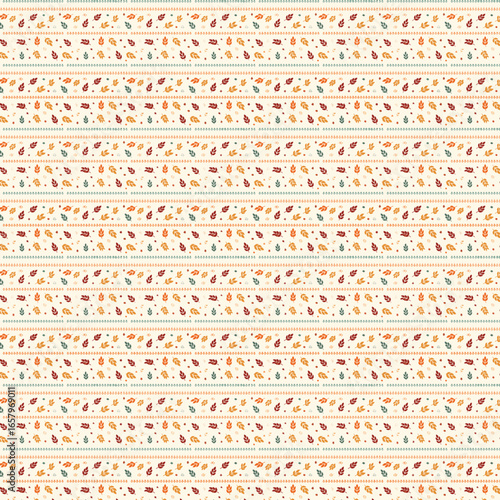 pattern featuring tiny floral motifs with leaves, scattered placement , zigzag stripe elements , cream background with earthy