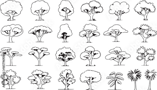 Comprehensive collection of various tree types and distinct plant outlines for creative design projects