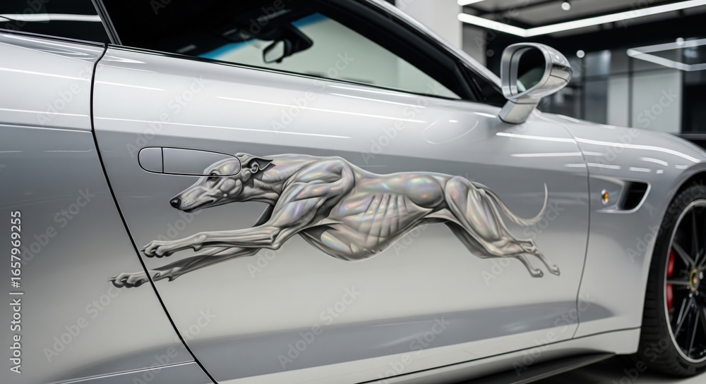 Fototapeta premium Custom airbrush art of a running greyhound on the side of a modern silver sports car
