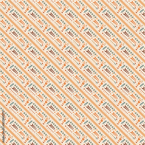 pattern featuring tiny floral motifs with leaves, scattered placement , zigzag stripe elements , cream background with earthy