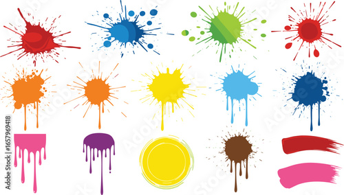 Colorful paint splatter and brush stroke set with 18 unique shapes for art and design