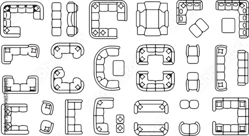 Top-Down Architectural Line Drawings of Sofas and Seating Arrangements