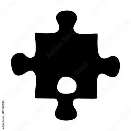 Single black jigsaw puzzle piece with a center hole on a white background