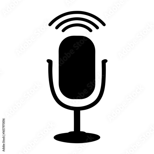 Retro microphone transmitting audio, podcast recording in progress, black and white icon