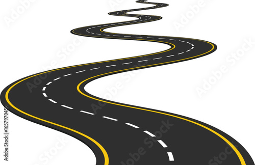 Curved winding road highway vector illustration with yellow dividing lines and dashed white markings isolated on white
