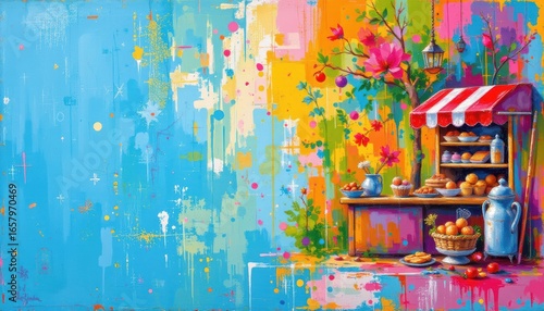 create a vibrant and colorful bakery painting on a blue background in an abstract art style